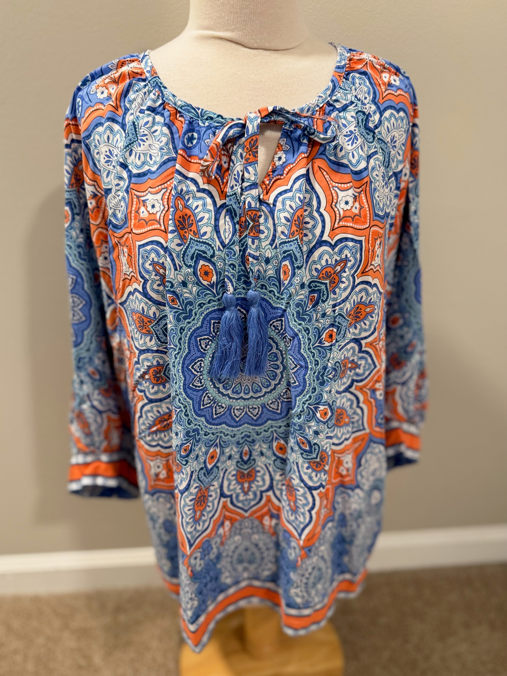 Ruby Rd XL Peasant Blouse Blue Orange Paisley Keyhole 3/4 Sleeve Boho Tunic Top